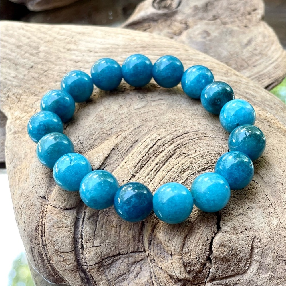 12mm Natural Light Blue/Azure Apatite Beaded Bracelet